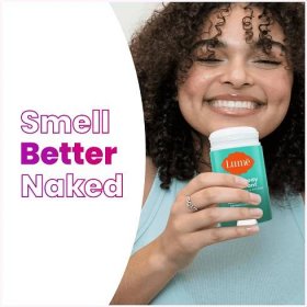 Green Lume minted cucumber scented cream deodorant stick and text that says: Smell better naked