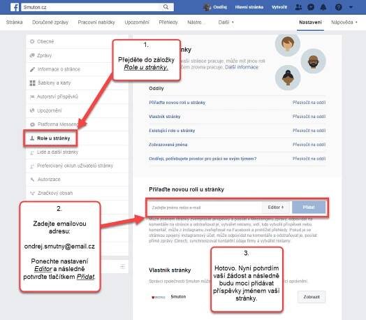 Přechod do nastavení role u stránky na Facebooku