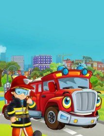 Kreslená scéna s hasičským vozidlem na silnici projíždějící městem a hasičem stojící poblíž - ilustrace pro děti — Stock obrázek