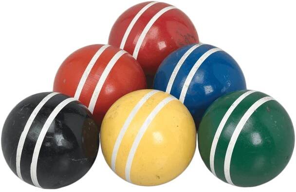 Kourt King croquet game set balls from Rock Rest Tourist Home. The set has six (6) different colored balls: red, orange, blue, black, yellow, and green.