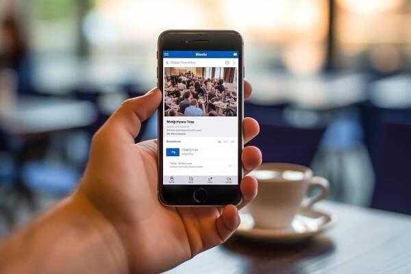 Ruce držící mobilní telefon s otevřenou Facebookovou skupinou na obrazovce