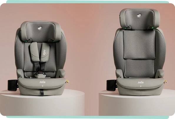Image of i-Irvana Max car seat in harness mode next to image of i-Irvana Max car seat in booster mode
