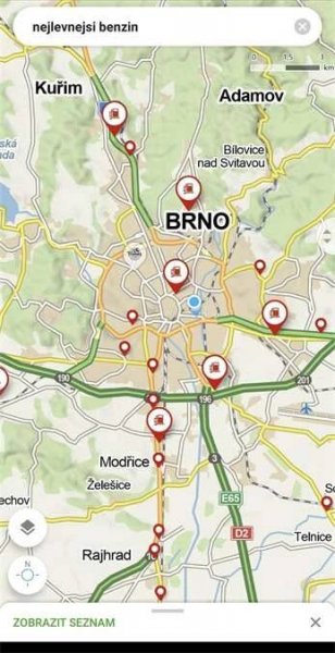 Do vyhledávacího políčka stačí zadat heslo "nejlevnější benzín" nebo "nejlevnější LPG". Zdroj: Mapy.com