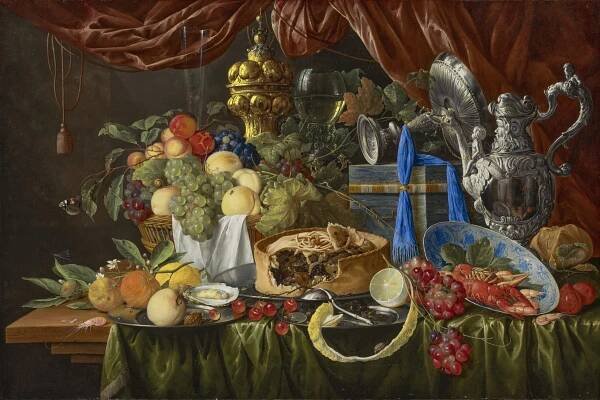 Dutch Golden Age still life painting by Jan Davidsz de Heem, featuring a lavish banquet table with fruit, grapes, peaches, lemon, pie, oysters, lobster, and ornate silverware, symbolizing wealth, abundance, and vanitas in 17th-century art.