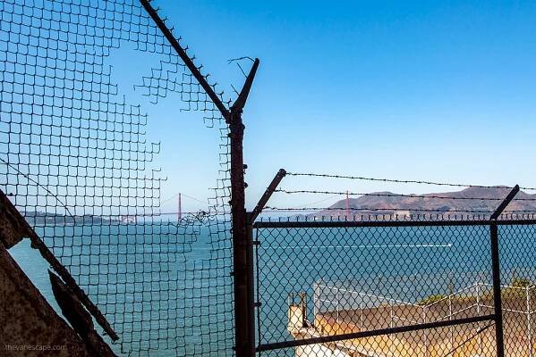 A wire fence in a prison overlooking the Golden Gate Bridge in San Francisco.