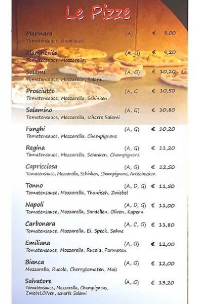 Ristorante Pizzeria Bella Italia in Kühnsdorf - Unsere Speisekarte