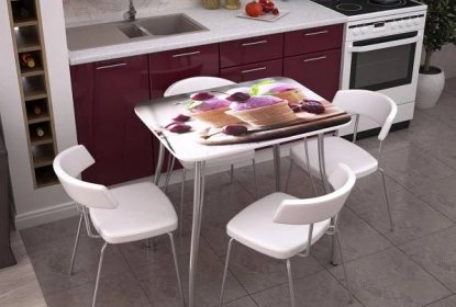 Stoly s fotografickým tiskem do kuchyně (58 fotografií): skleněné kuchyňské stoly a posuvné oválné modely se vzorem v interiéru