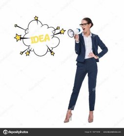 Stáhnout - Atraktivní zlobí podnikatelka křičí a držení megafon, slovo myšlenku v kreslené cloud, izolované na bílém — Stock obrázek