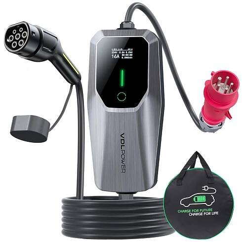 VDL POWER EC31 Portable EV Charger, 11KW Fast Charging, 5m Charging Cable, 6A-16A Adjustable Current, Type 2 CEE 3-Phase Socket, IEC 62196-2, IP65 Waterproof, LCD Screen