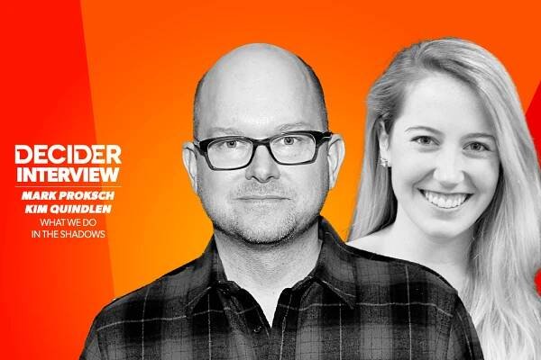 Mark Proksch and Kim Quindlen in black and white on a bright orange background