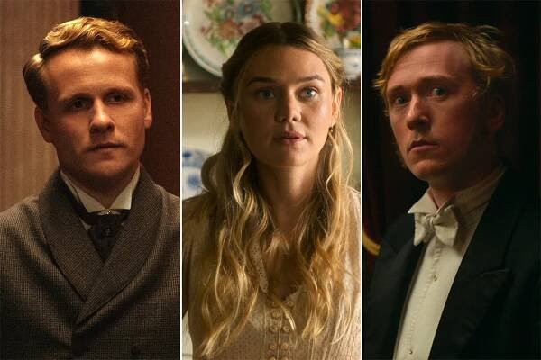 Richard (Josh Dylan), Jinny (Imogen Waterhouse), and Lord Seadown (Barney Fishwick) in 'The Buccaneers' Season 2