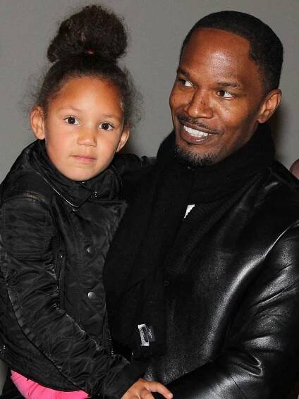 Annalise Foxx and father Jamie Foxx poses backstage at the musical "Motown The Musical" on Broadway at The Lunt Fontanne Theater on November 6, 2013 in New York City