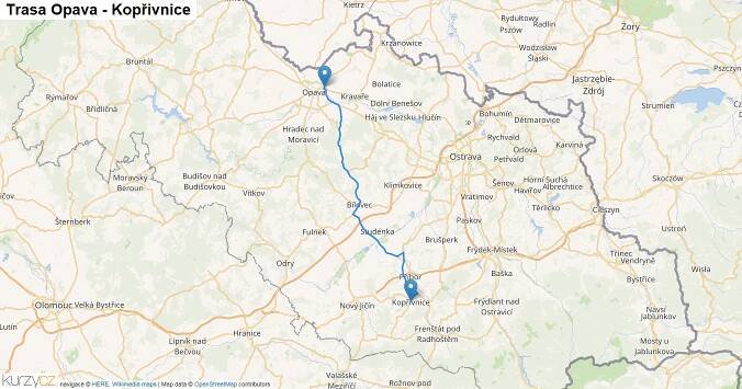 Opava-Kopřivnice, mapa trasy