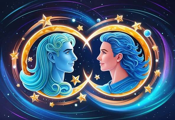 Two zodiac symbols, Aquarius and Gemini, surrounded by swirling stars and cosmic elements, as if inquiring about their compatibility
