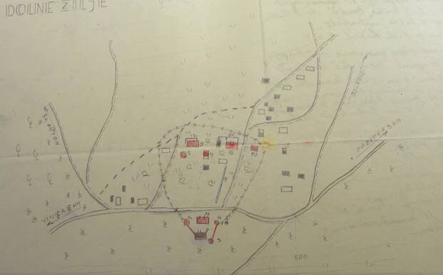 Partisan sketch of an Italian post in Zilje by the Kolpa River near Vinica. Archives of the RS. Author of the photograph: Blaž Štangelj.