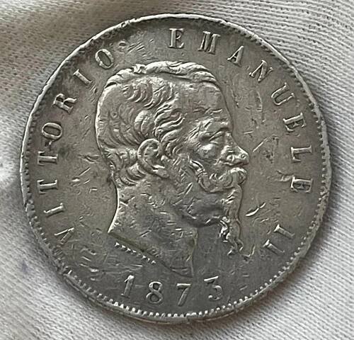stříbrná 5 Lira Viktor Emanuel II. 1873 Itálie, 900/1000 Ag - 25 gramů - Numismatika