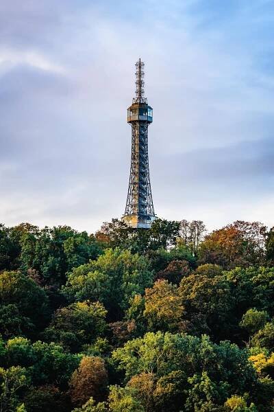 The Petrin lookout tower in Prague, Czechia in autumn