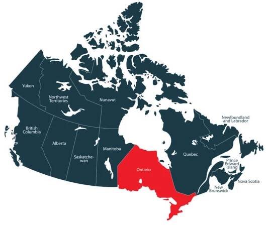 Map of Ontario location in Canada. Ontario is highlighted in red. 