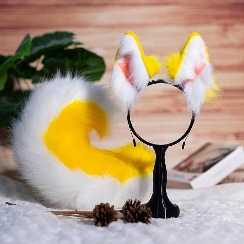 Enchanting Yellow and White Ears&Tail Set | Cosplay Costume Accessories | Animal Themed Parties Halloween Dress | Fox Puppy Ears Headband