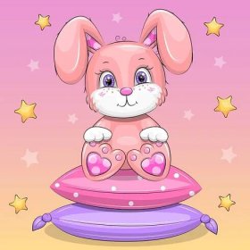 Roztomilý kreslený králíček na polštářích. Vektorová ilustrace zvířete na růžovém pozadí s hvězdami. — Ilustrace