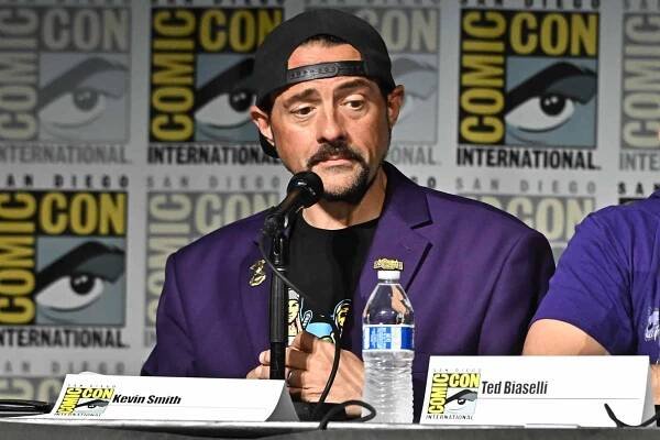 Kevin Smith onstage at the "Masters of the Universe: Revolution" panel at the 2023 Comic-Con