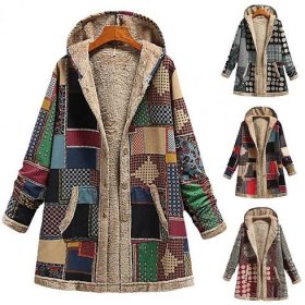 Zimní Vintage Dámský kabát Teplý potisk Tlustý fleecový dlouhý kabát s kapucí a kapsou Dámské svrchní oblečení Volný kabát pro ženy