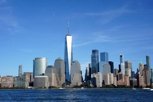 A general view of the Lower Manhattan skyline and the World Trade Center and World Financial Center as seen from Jersey City, NJ on October 12, 2024. 