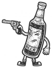 Cartoon beer bottle with revolver sketch raster — Stock obrázek