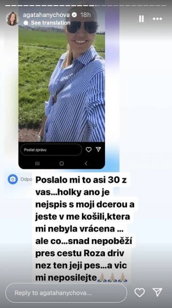Snímek z příběhu na Instagramu Agáty Hanychové