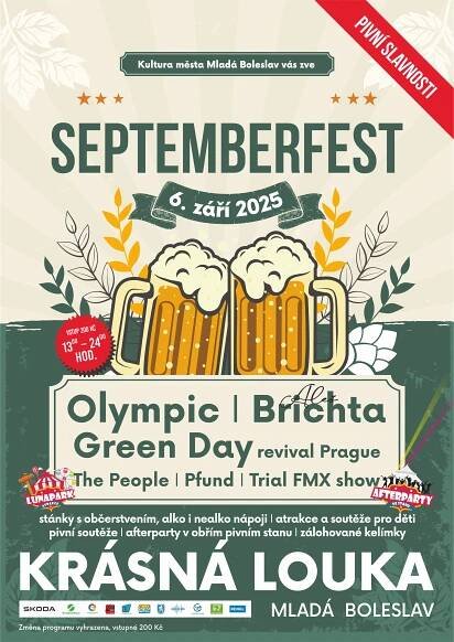 Septemberfest 2025 Mladá Boleslav. Akce Festivaly Koncerty Víno Pivo 