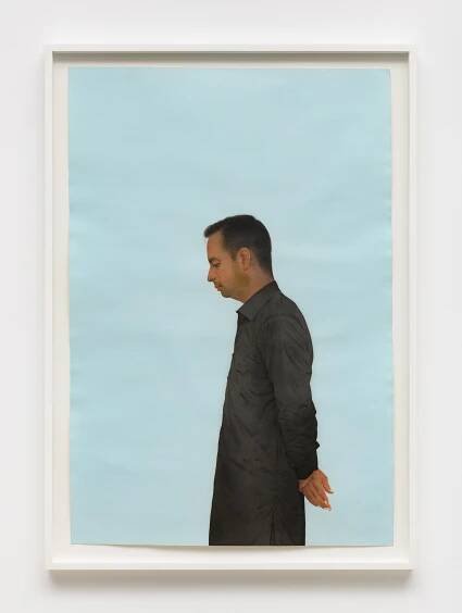 This image depicts an artwork by Ali Kazim titled "Untitled (Self portrait)." This artwork was created in 2024 and measures 43" x 30 ¹⁄₂" [HxW] (109.22 x 77.47 cm). Its medium is Watercolour pigments on paper.