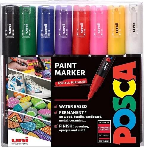 Sada akrylových fixů Posca PC 1M 0,7 1 mm, základní odstíny, 8 ks