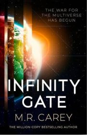 The book cover for “Infinity Gate” shows an image of a planet overlaid with slivers of other images of planets.