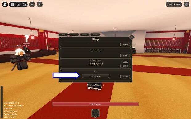 A screenshot of Murim Cultivation in Roblox showing the game's codes field.