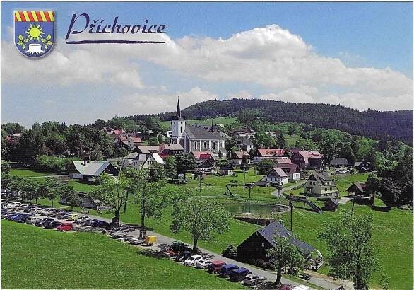 obec Kořenov - část Příchovice - celkový pohled, erb  - Pohlednice místopis