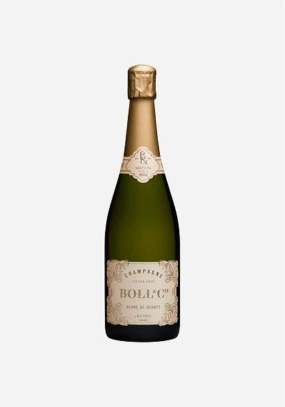 A close-up of a bottle of Extra Brut Champagne from Boll and Cie