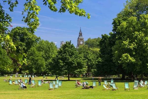 Lawn chairs on the grass in London's St. James's Park