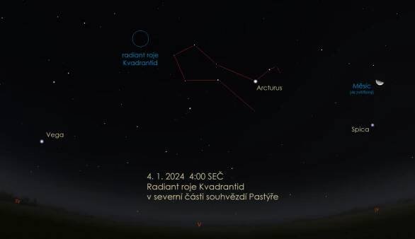 Poloha radiantu roje Kvadrantid 4. ledna 2024 ve 4 hodiny SEČ. Autor: Stellarium / Jan Veselý