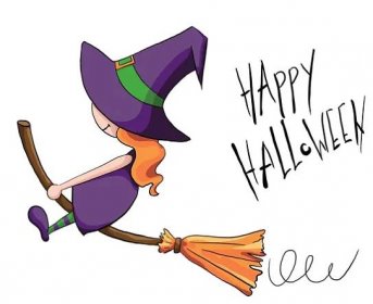 Halloween kreslená postava. Roztomilá malá čarodějnice létající na koštěti — Stock obrázek