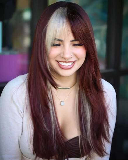 13. Boldly Two-toned: the Stunning Fusion Of Burgundy and Platinum Bangs