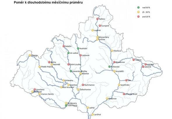Hladiny většiny řek setrvávají pod dlouhodobým průměrem - Povodí Moravy