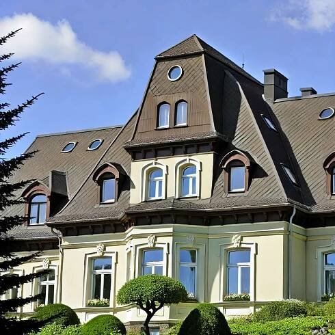 A historic-style house with a mansard roof featuring a double slope on each side.