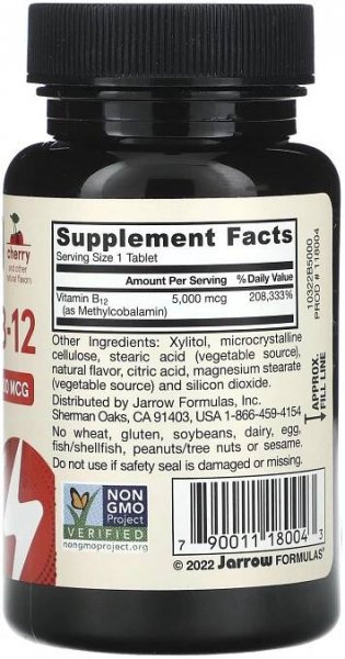 Jarrow Formulas, Veganský methyl B-12, maximální síla, třešeň, 5 000 mcg, 60 žvýkacích tablet 