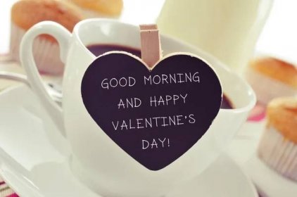 Dobré ráno snídaně a text a happy valentines den — Stock obrázek