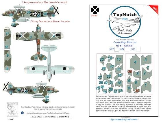 TopNotch 72-M182 Heinkel He-51 - 'Adolf Galland' camouflage pattern paint masks (for Hasegawa and ICM kits)