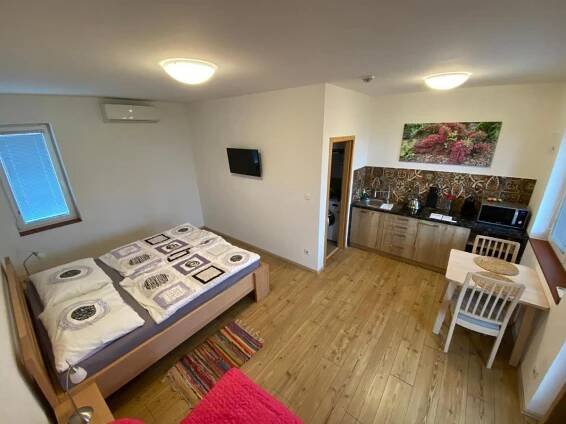 a bedroom with a bed and a table and a kitchen at Apartmány Přítluky in Přítluky
