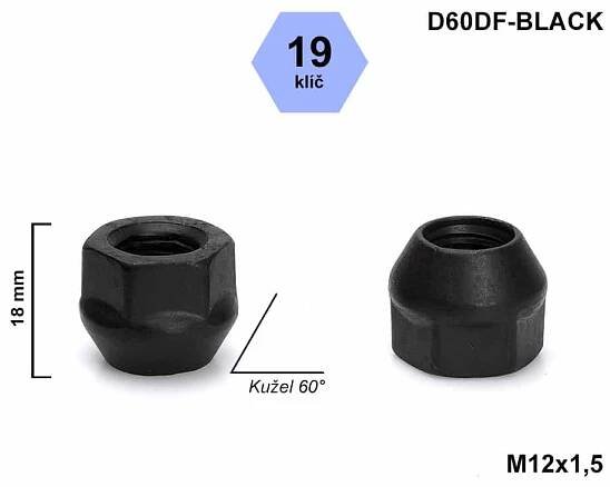 Kolová matice M12x1,5 kužel otevřená, černá, klíč 19, D60DF-BLACK, FORD, VOLVO výška 18