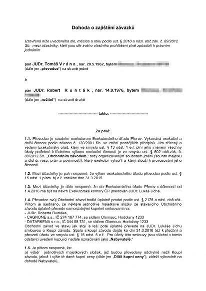 Návrh dohody o převodu majetku mezi JUDr. Robertem Runtákem a JUDr. Tomášem Vránou.