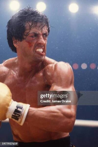 Actor and director Sylvester Stallone, as Rocky Balboa, throws a stage punch on the boxing set of Rocky III in May of 1982 in Los Angeles, California.