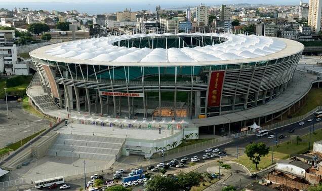 An aerial shot shows the Arena Fonte Nova  stadium, one of the stadiums hosting the 2014 World Cup soccer matches, in Salvador